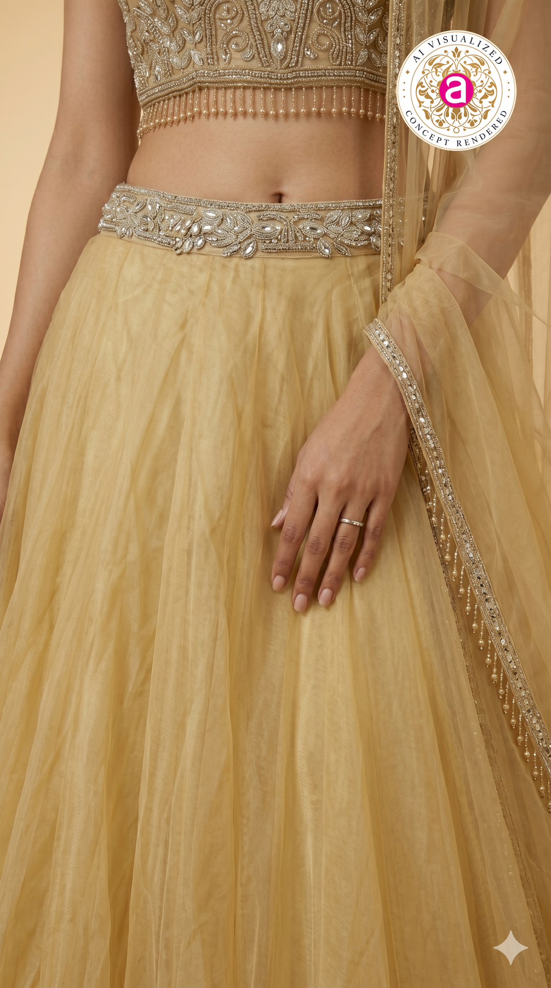Champagne Gold Designer Lehenga Set with Embellished Blouse & Sheer Organza Dupatta