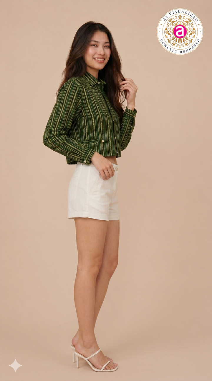Olive Green Striped Crop Shirt Top