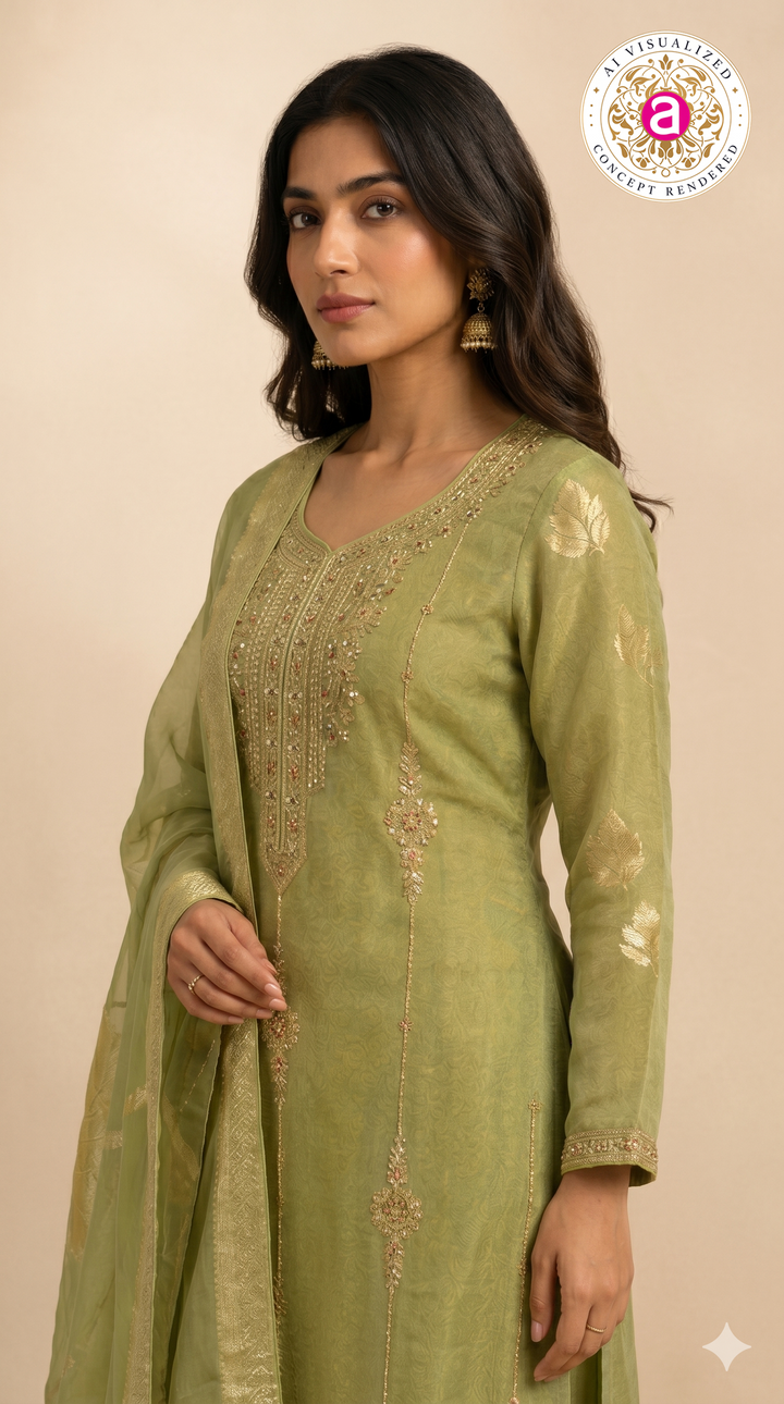 Sage Green Embroidered Straight Kurta Set with Dupatta