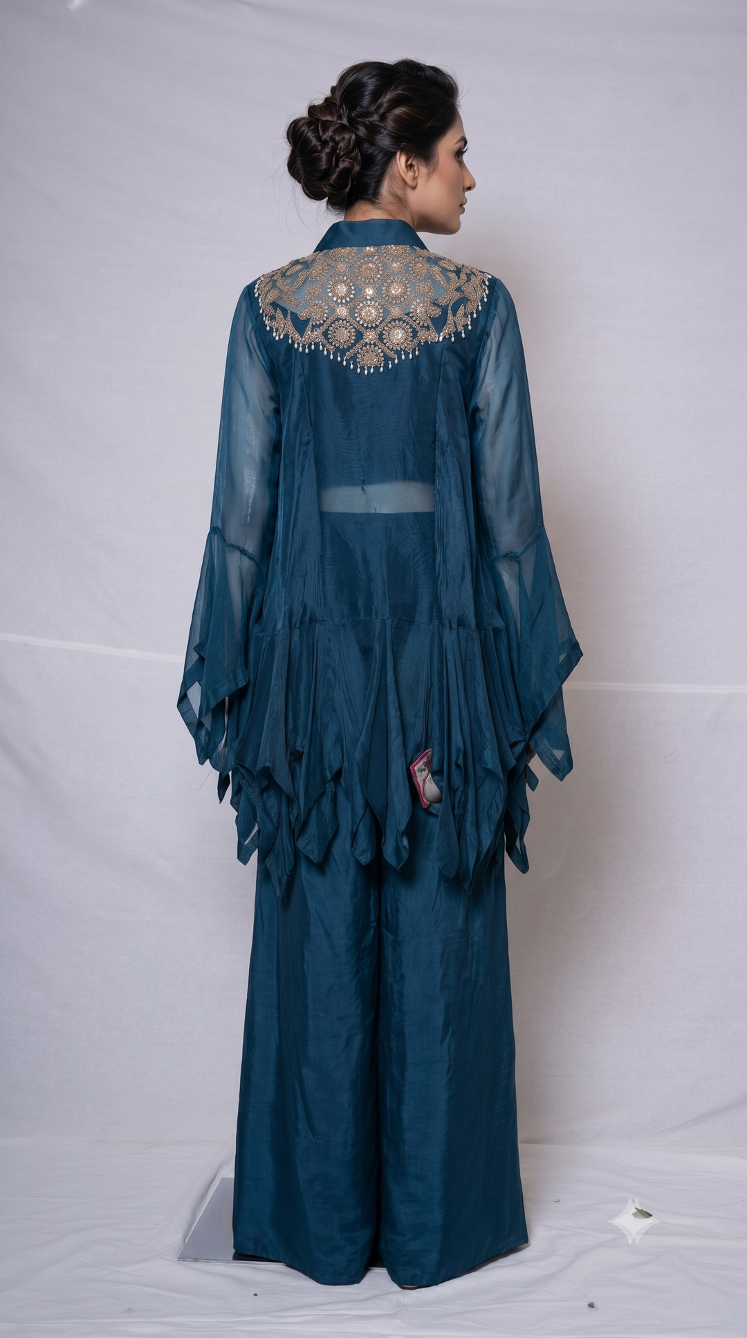 Teal Blue Embroidered Cape Style Designer Co-Ord Set
