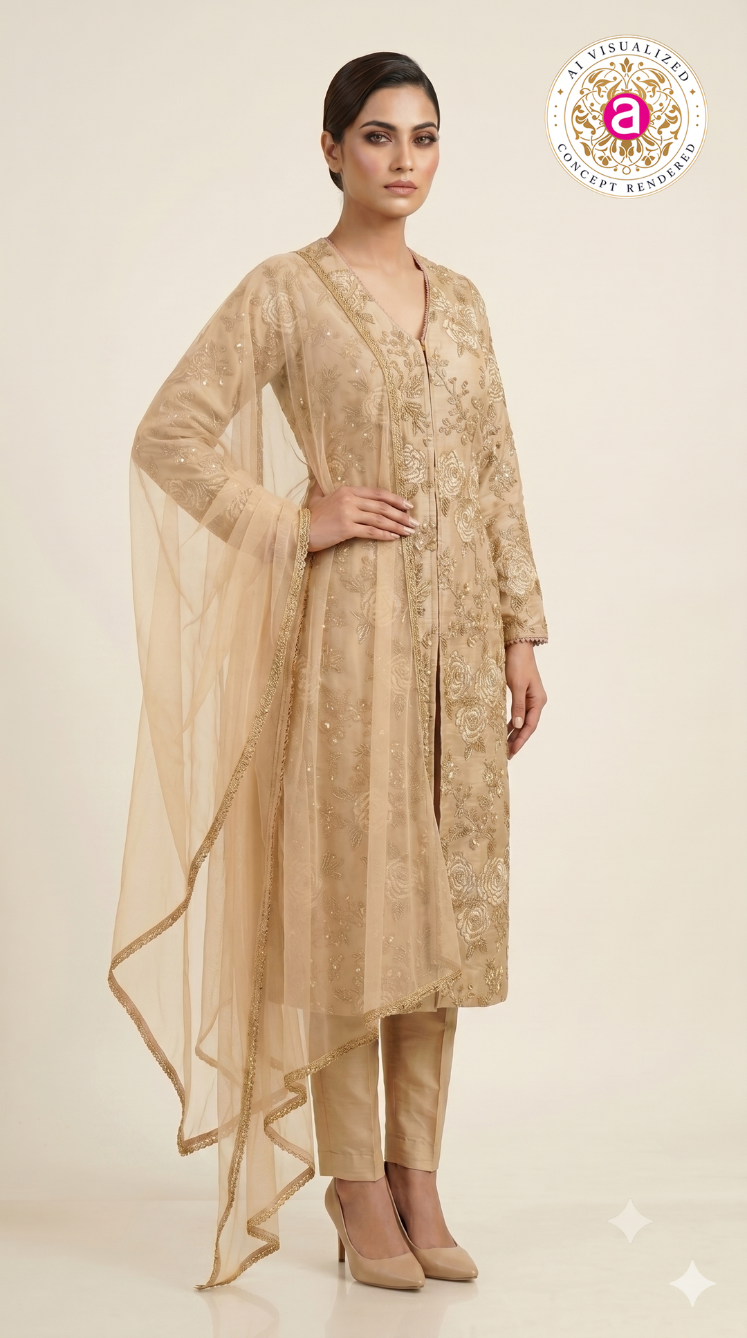 Champagne Gold Floral Embroidered Straight Suit Set