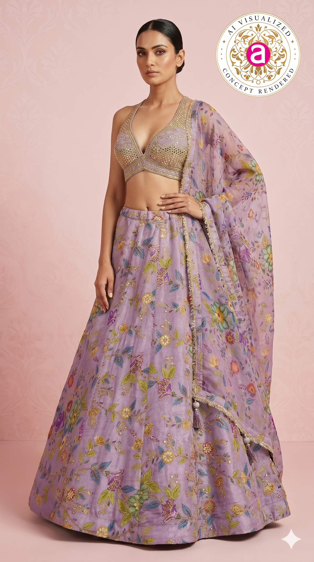 Lavender Floral Embroidered Designer Lehenga Choli with Printed Organza Dupatta