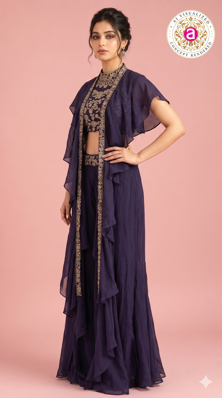 Purple Handwork Palazzo Set with Ruffle Cape Jacket