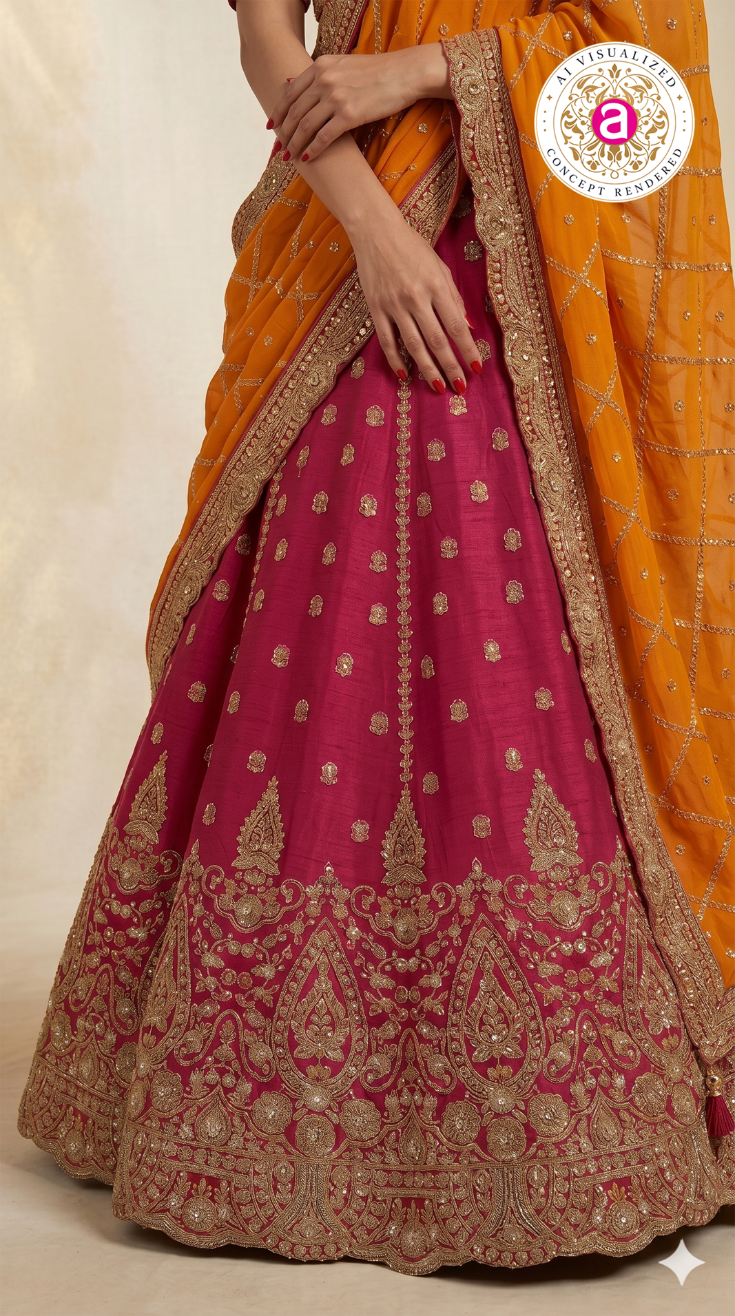 Rani Pink Bridal Lehenga Set with Orange Embroidered Dupatta & Royal Zari Heritage Work