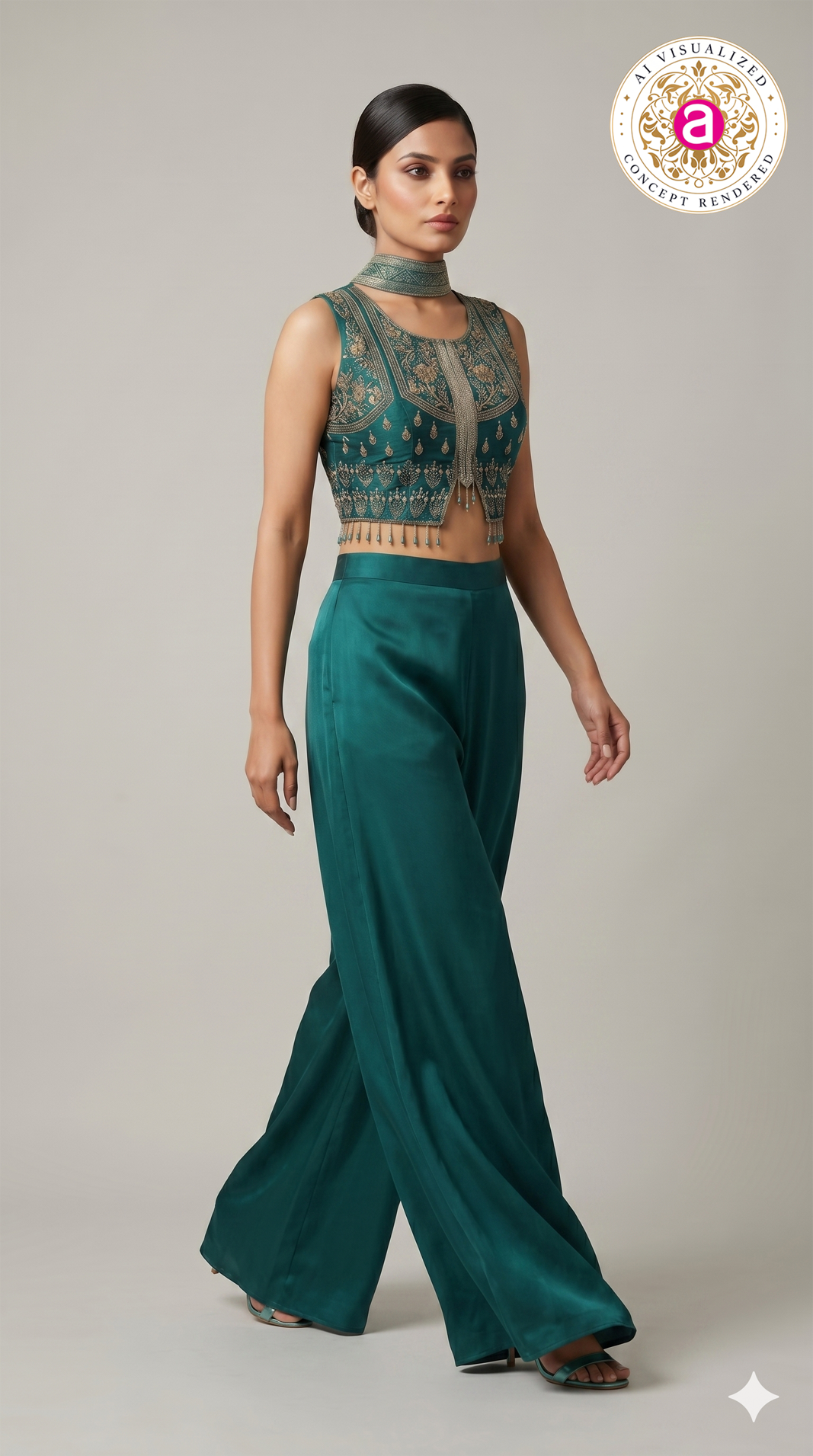 Teal Green Embroidered Indo-Western Co-Ord Set with Palazzo Pants