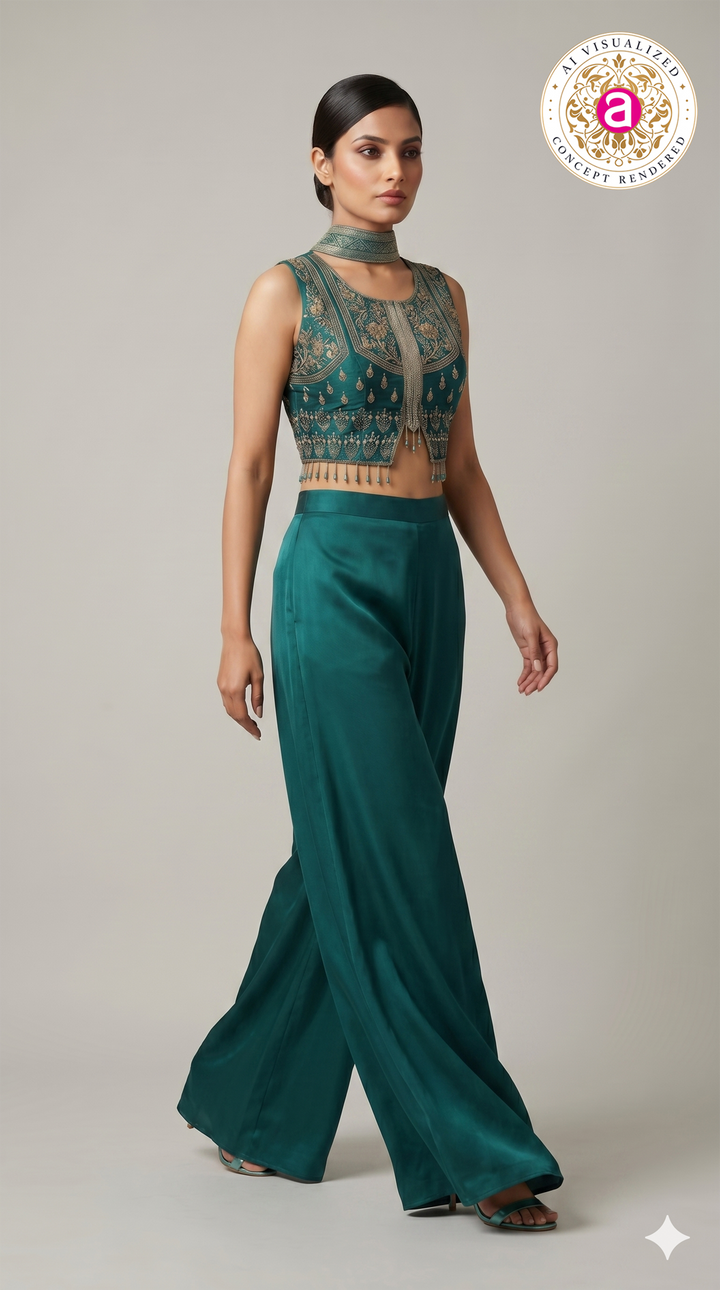 Teal Green Embroidered Indo-Western Co-Ord Set with Palazzo Pants