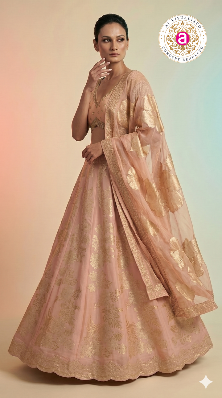 Blush Pink Silk Lehenga Choli with Gold Floral Weaving & Sheer Dupatta