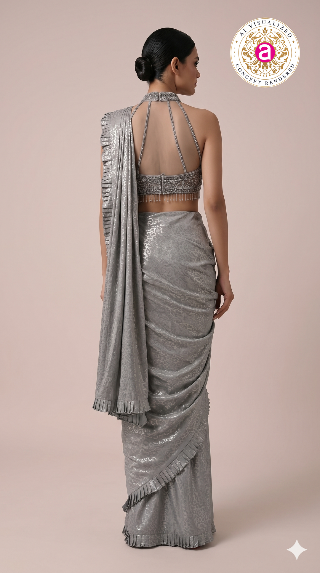 Steel Grey Ready to Wear Saree with Embellished Halter Blouse