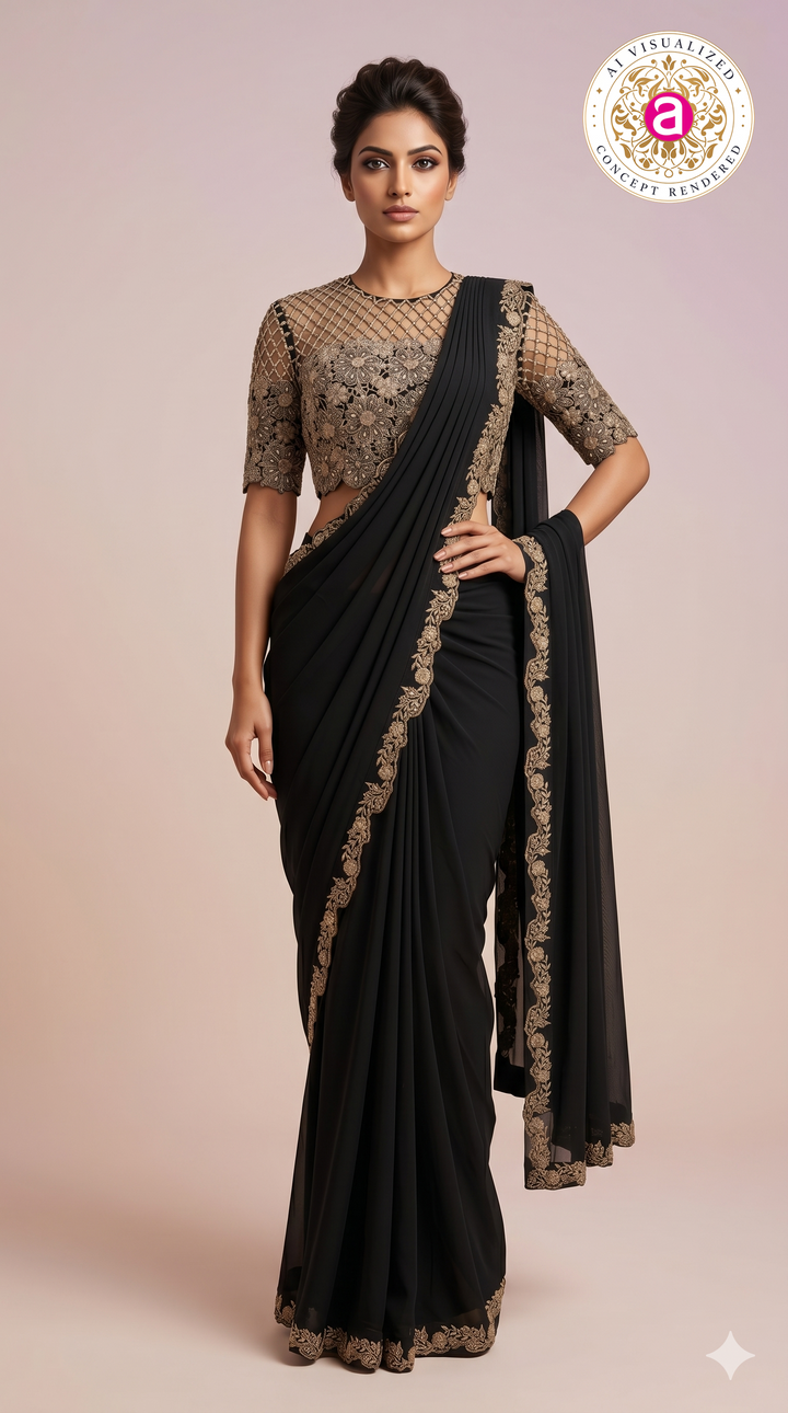 Black Designer Saree with Embroidered Blouse & Statement Border