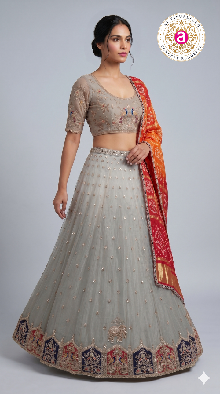 Ivory Grey Designer Lehenga Set with Peacock Embroidery & Bandhani Dupatta