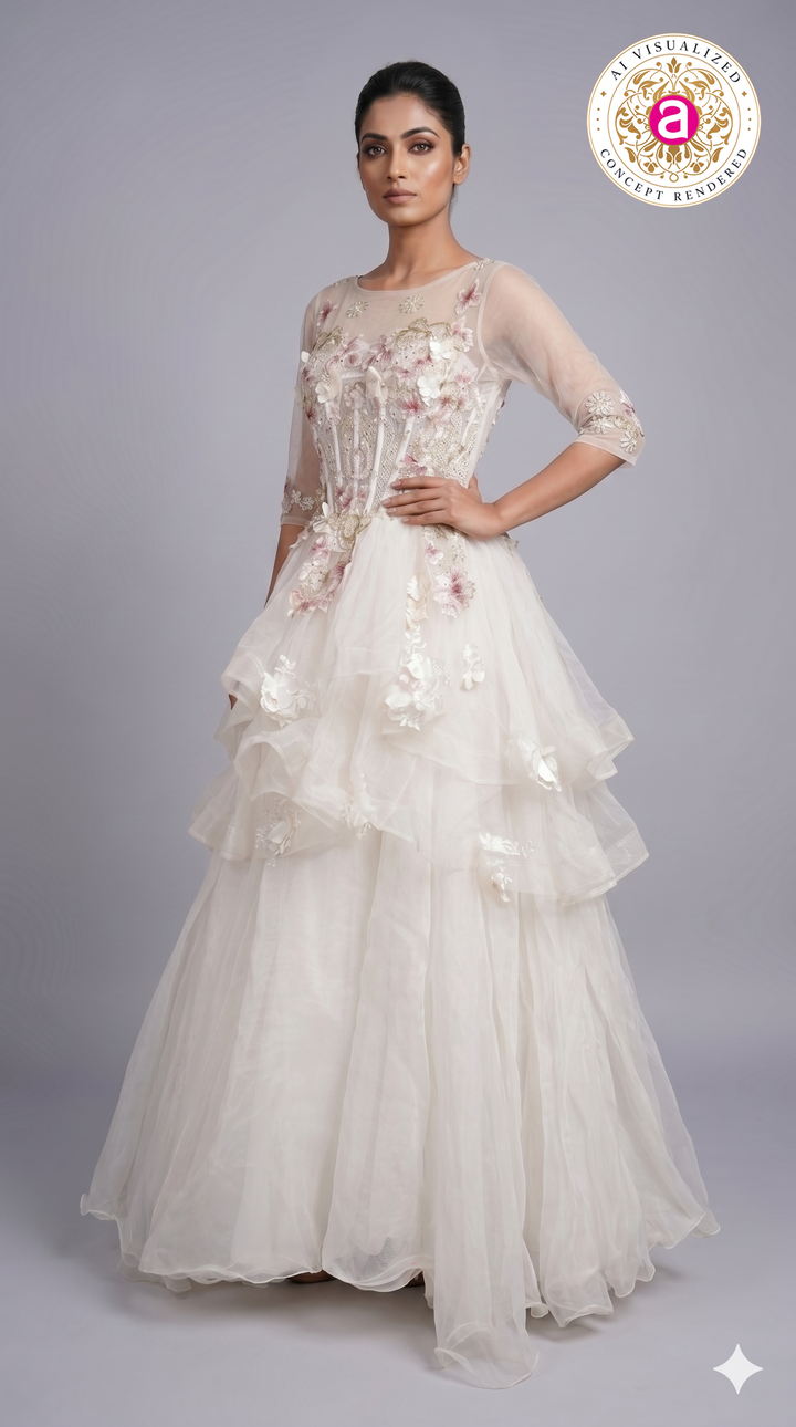 Ivory Floral Appliqué Layered Couture Ball Gown