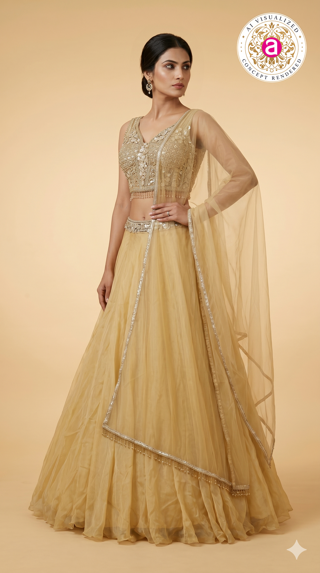 Champagne Gold Designer Lehenga Set with Embellished Blouse & Sheer Organza Dupatta