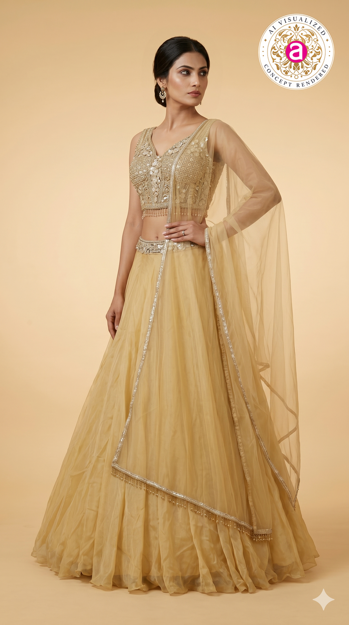 Champagne Gold Designer Lehenga Set with Embellished Blouse & Sheer Organza Dupatta