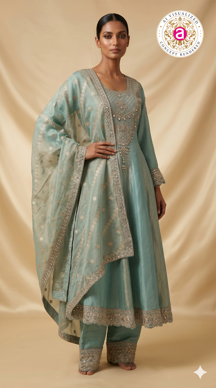 Sea Green Embroidered Anarkali Suit Set with Dupatta