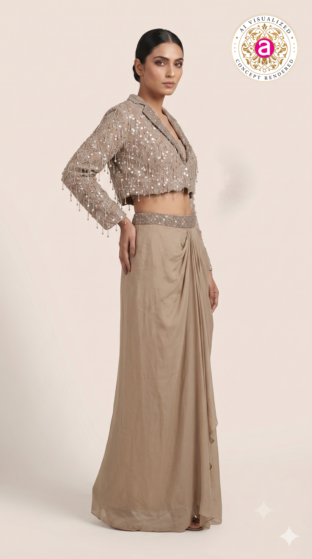Champagne Beige Embroidered Lehenga Set with Jacket