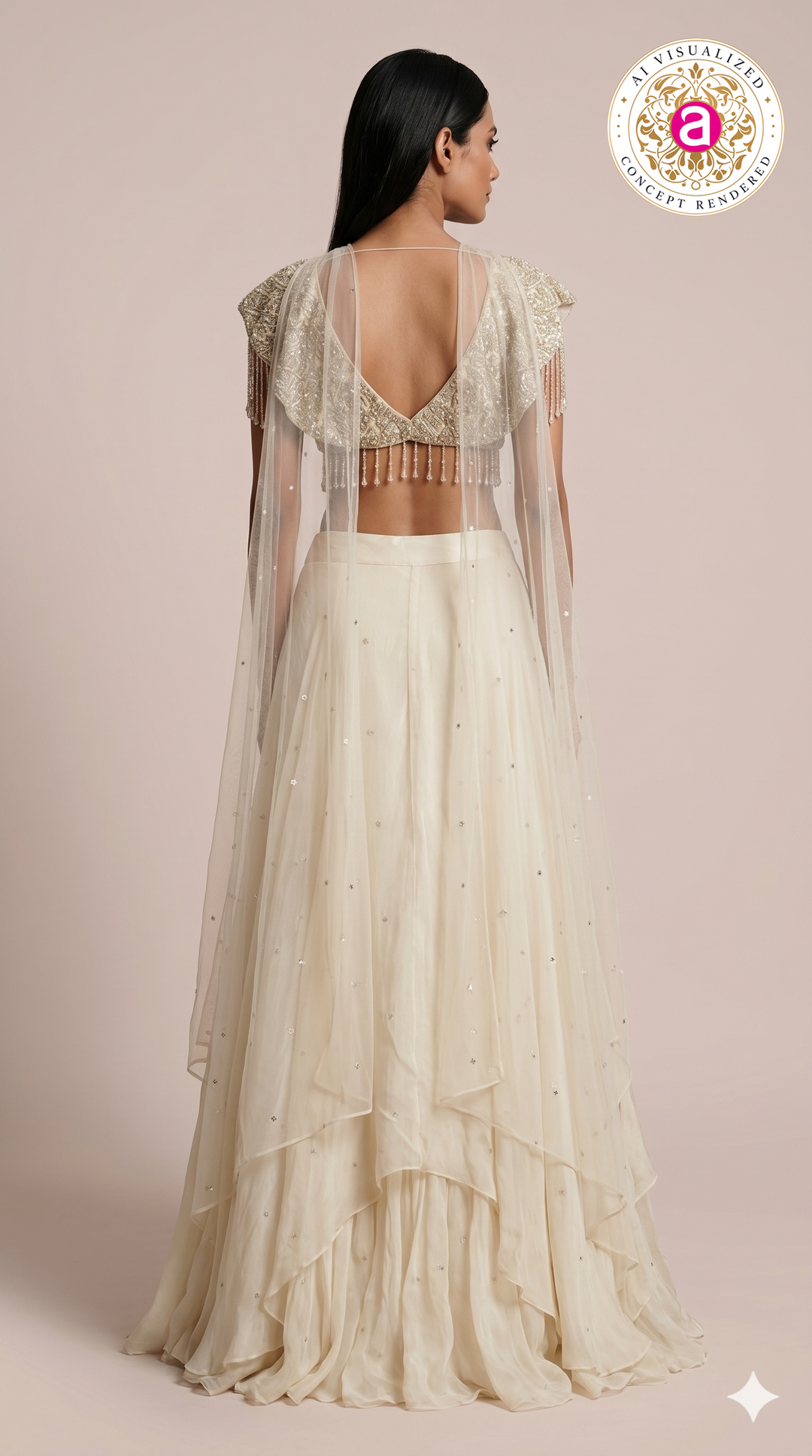 Ivory Pearl Embellished Draped Lehenga Set with Fringe Detailed Blouse