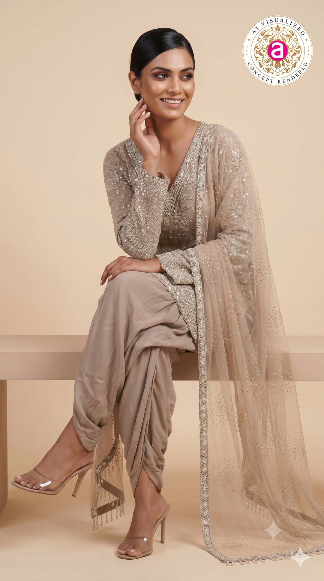 Taupe Beige Heavily Embroidered Patiala Suit Set