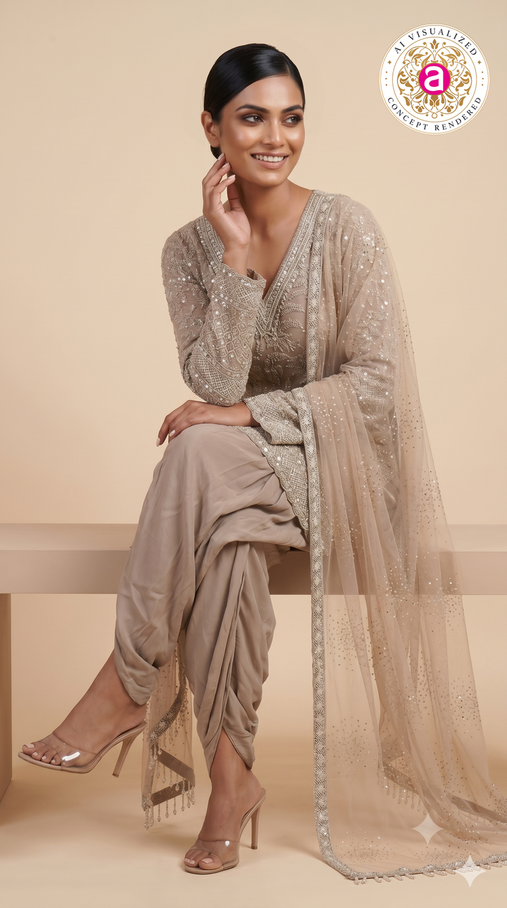 Taupe Beige Heavily Embroidered Patiala Suit Set