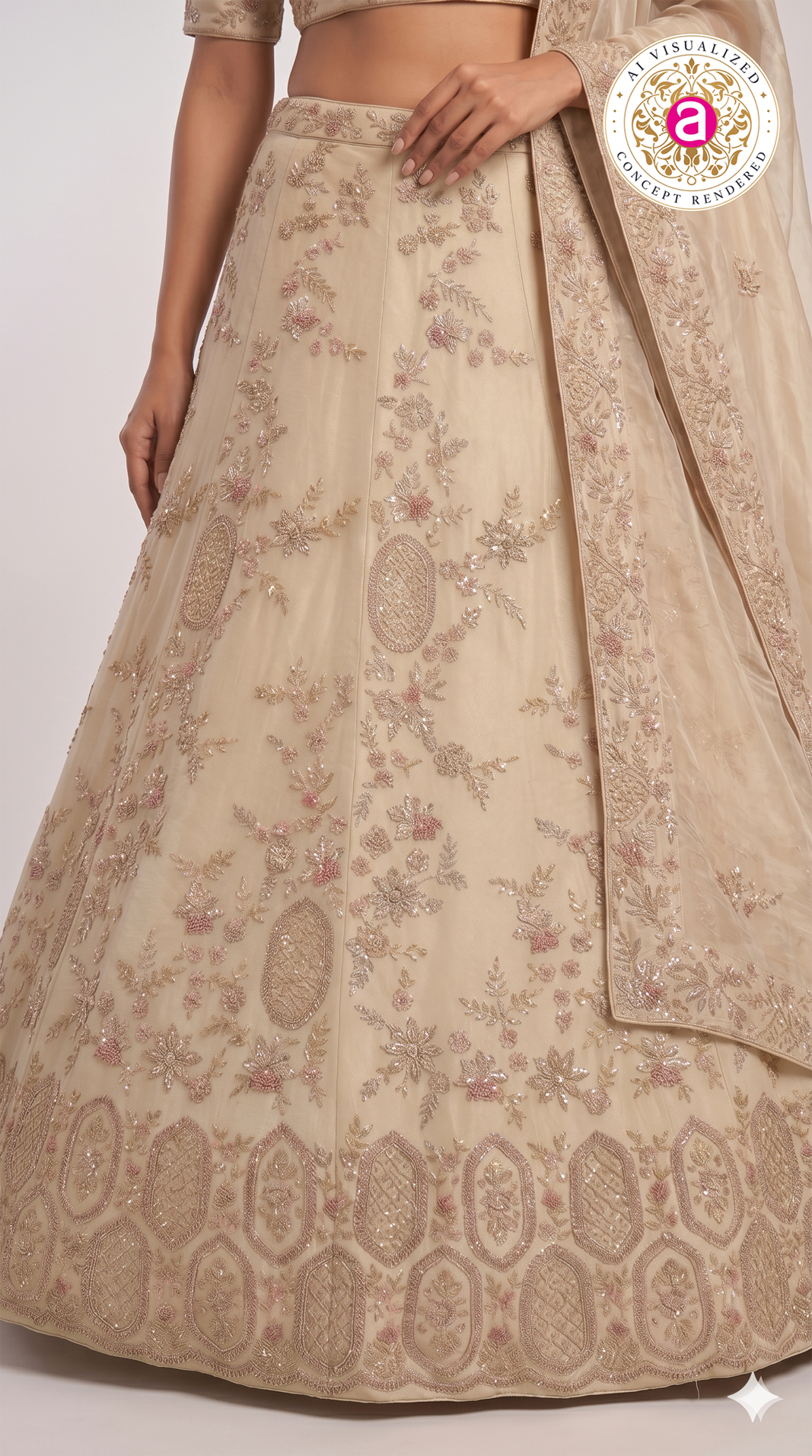 Champagne Beige Designer Embroidered Lehenga Set with Organza Dupatta