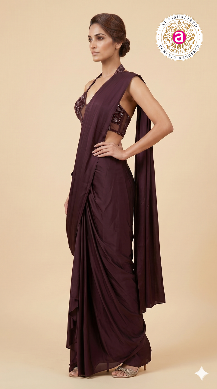 Wine Purple Ready-to-Wear Draped Saree with Embellished Halter Blouse