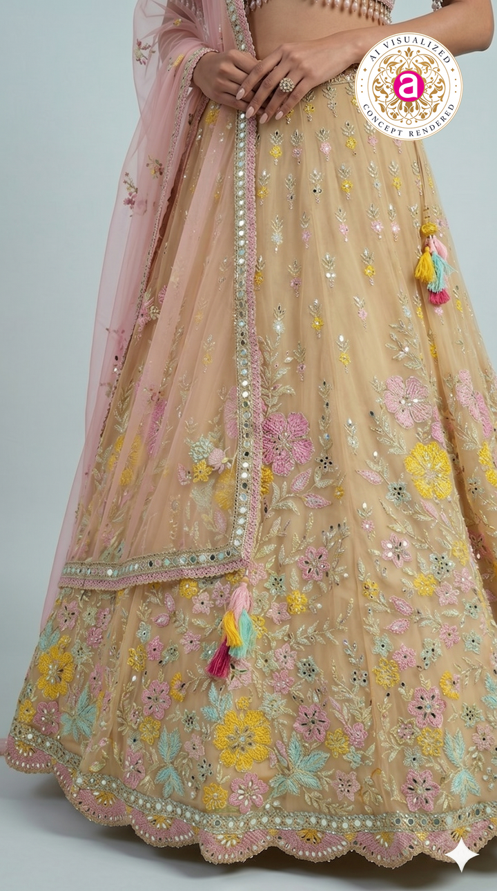 Pastel Beige Floral Embroidered Lehenga Choli with Pink Designer Blouse & Sheer Dupatta