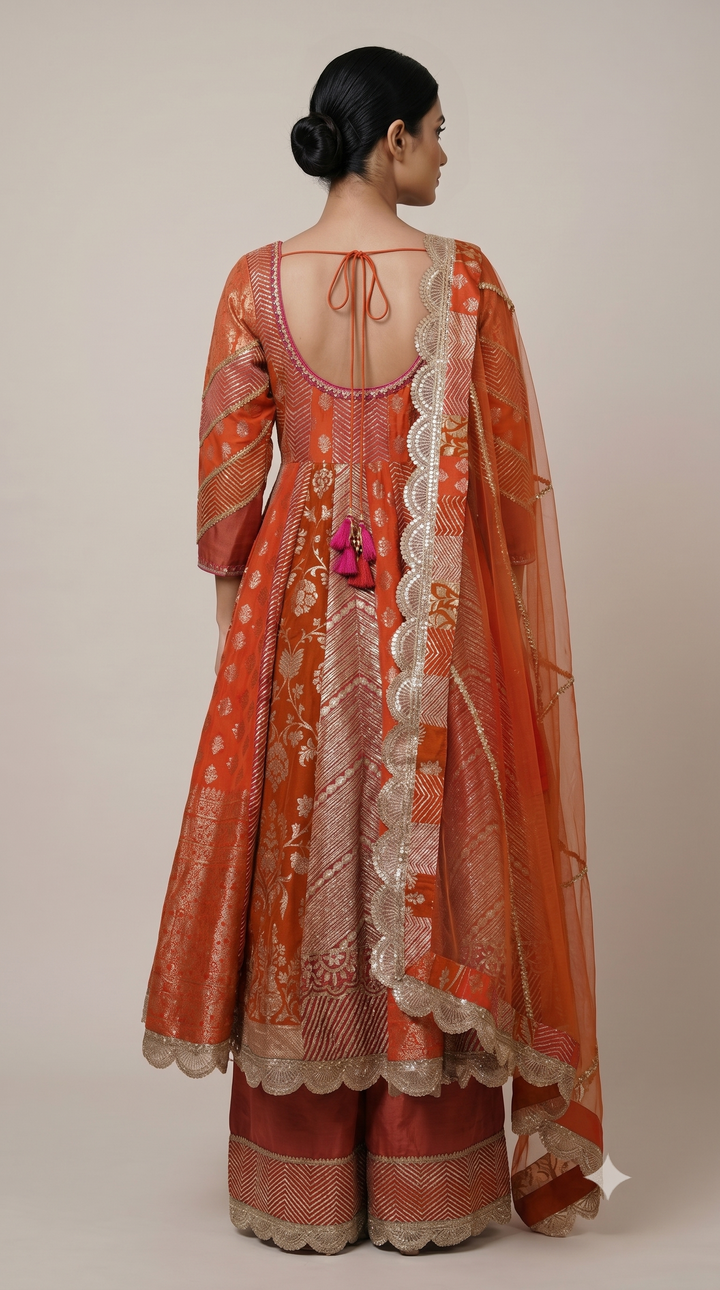 Vibrant Orange Banarasi Anarkali Suit Set with Sharara & Organza Dupatta
