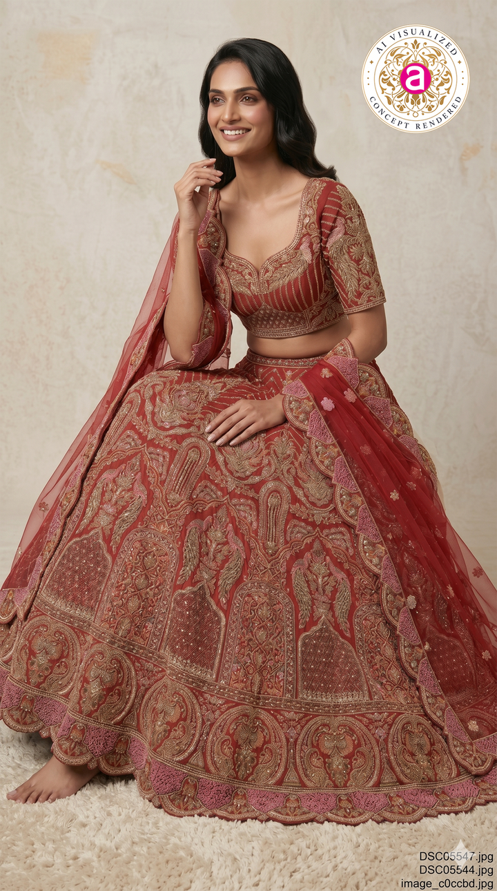Royal Maroon Bridal Lehenga Set with Heritage Zari Embroidery & Designer Scalloped Net Dupatta