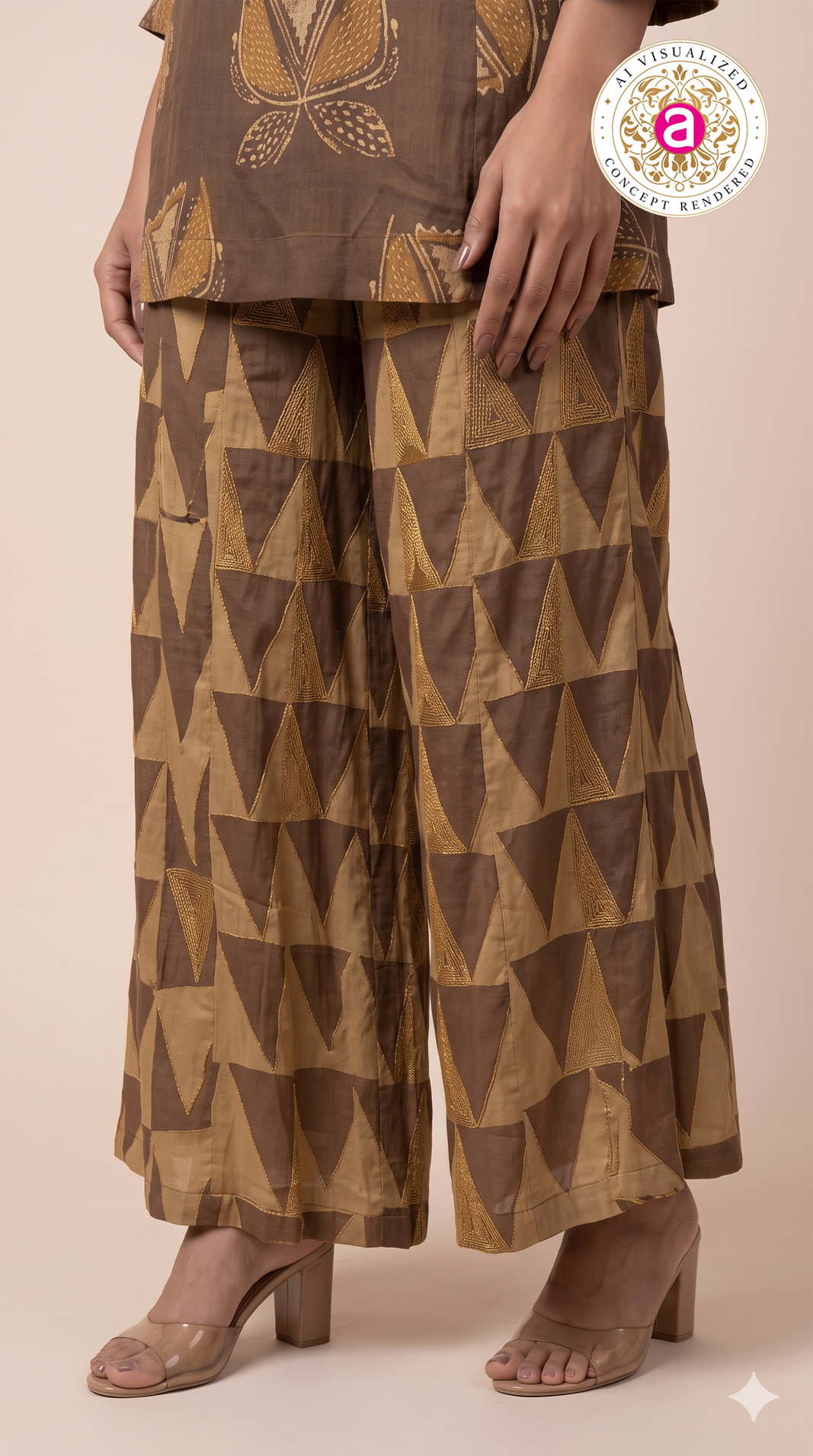Brown Printed A-Line Kurta Set with Palazzo