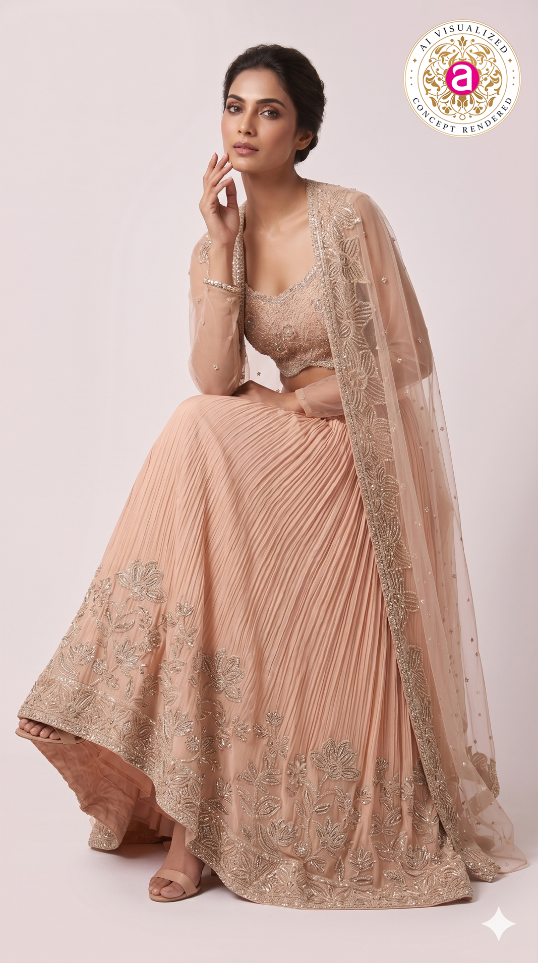 Blush Pink Embroidered Pleated Lehenga Set with Net Dupatta