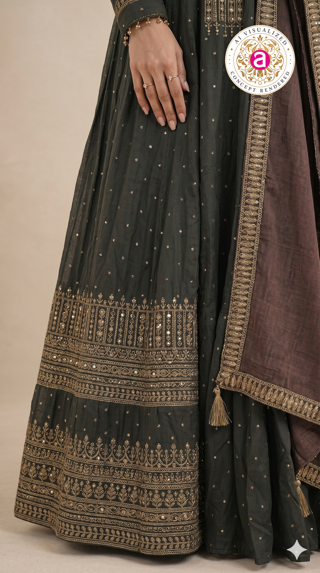 Charcoal Black Embellished Anarkali Set with Contrast Dupatta