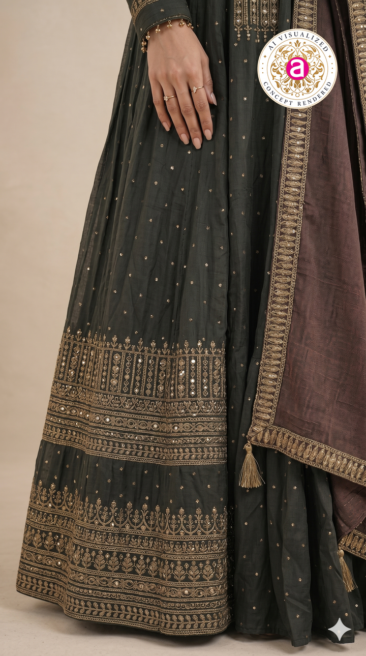Charcoal Black Embellished Anarkali Set with Contrast Dupatta