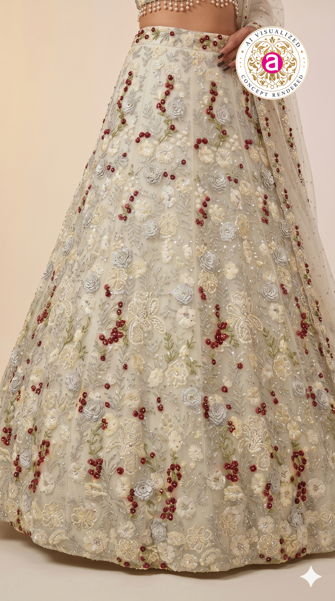 Ivory Pearl Embroidered Bridal Lehenga Set with Floral Handwork & Sheer Dupatta