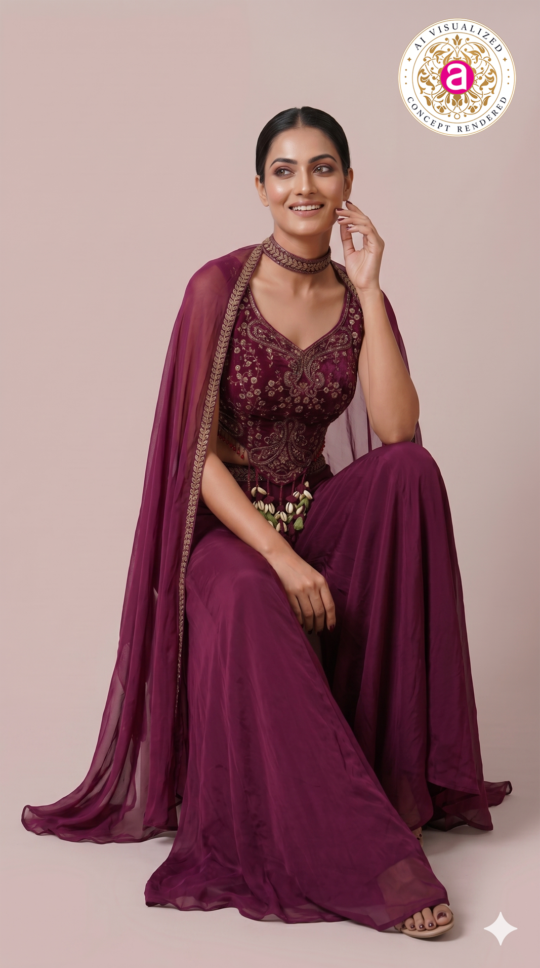 Wine Purple Embroidered Cape Co-Ord Set
