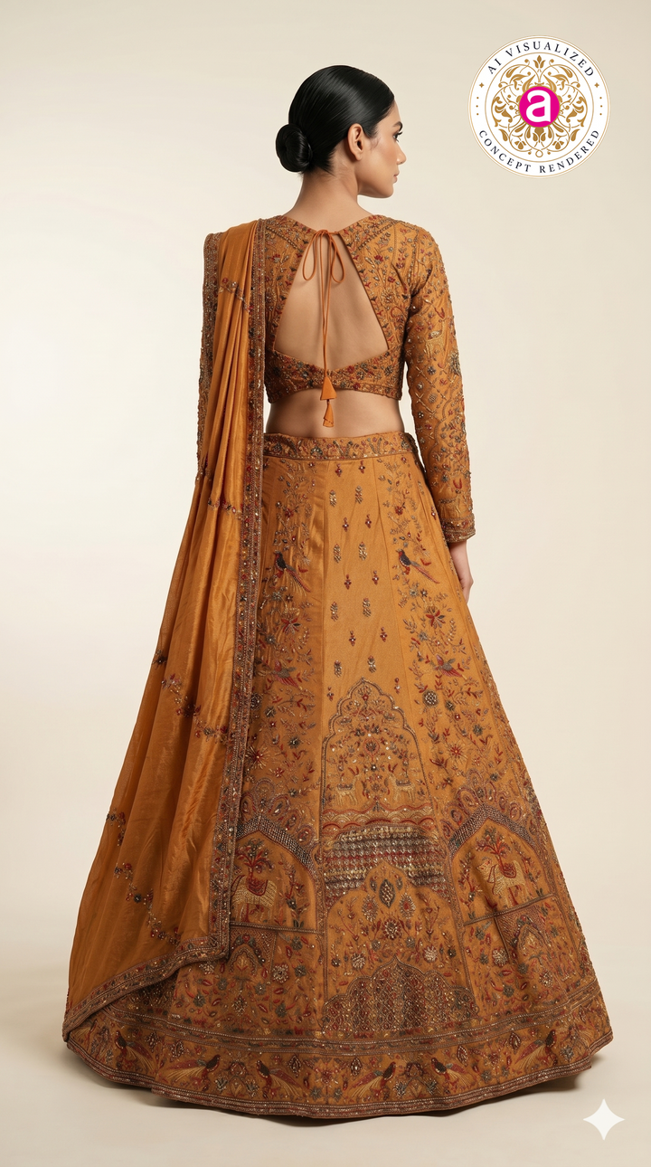Mustard Yellow Embroidered Lehenga Set with Full Sleeve Designer Blouse & Dupatta