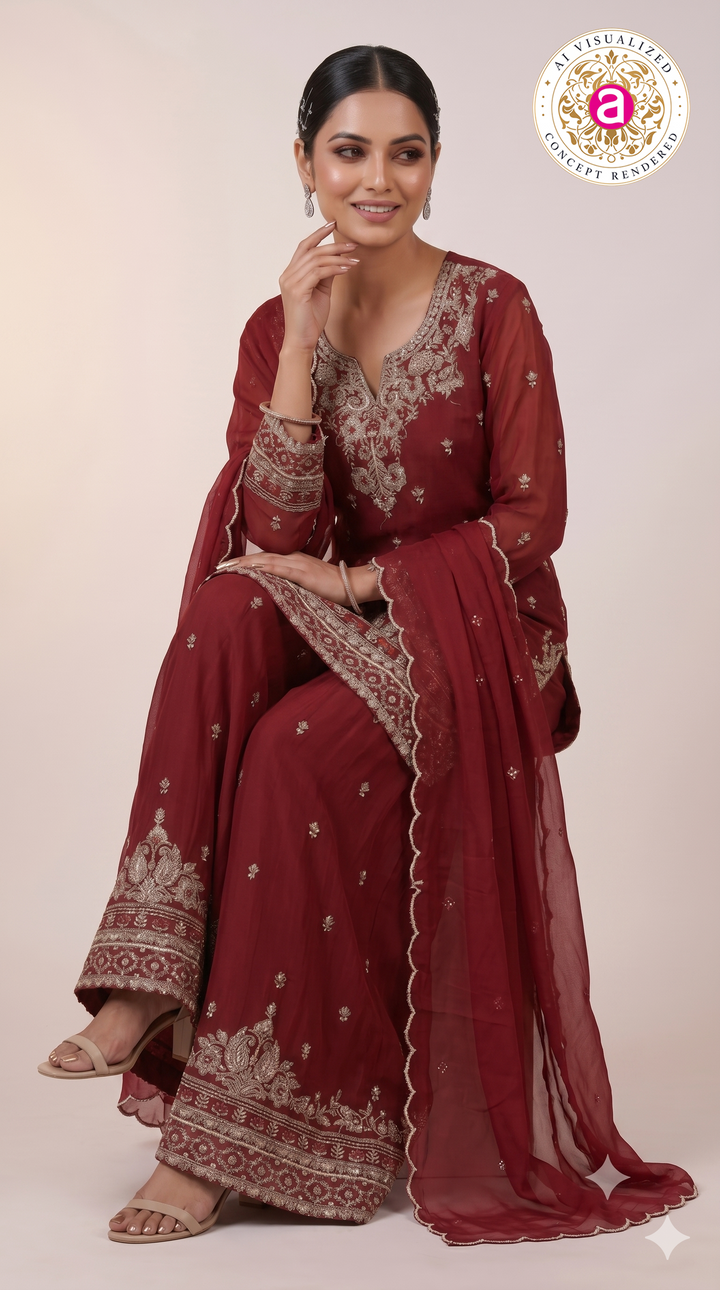Wine Red Embroidered Kurta Sharara Set with Dupatta