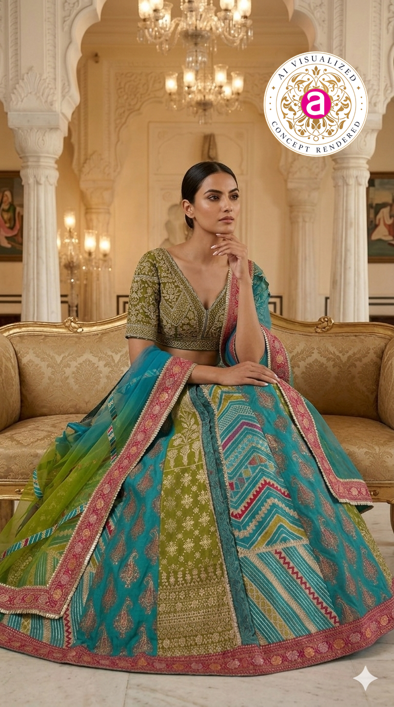 Turquoise Multicolor Designer Lehenga Set with Embroidered Blouse & Contrast Dupatta