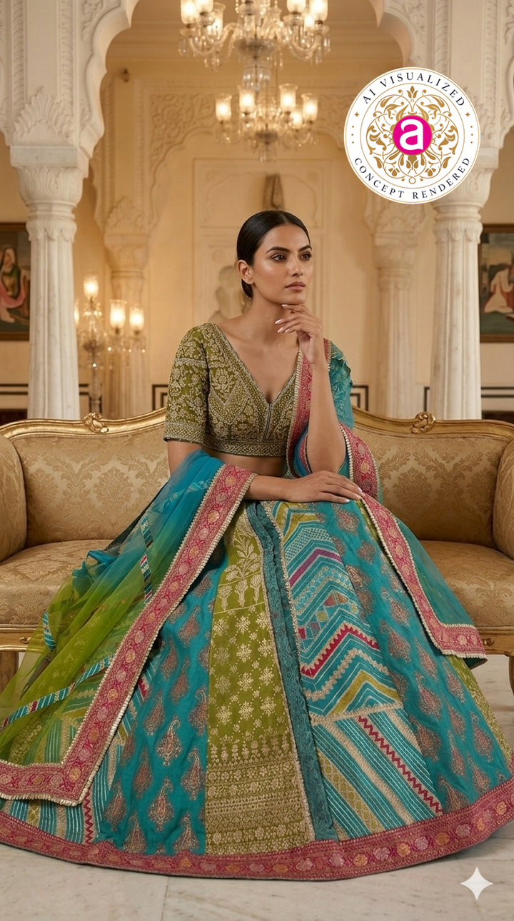 Turquoise Multicolor Designer Lehenga Set with Embroidered Blouse & Contrast Dupatta