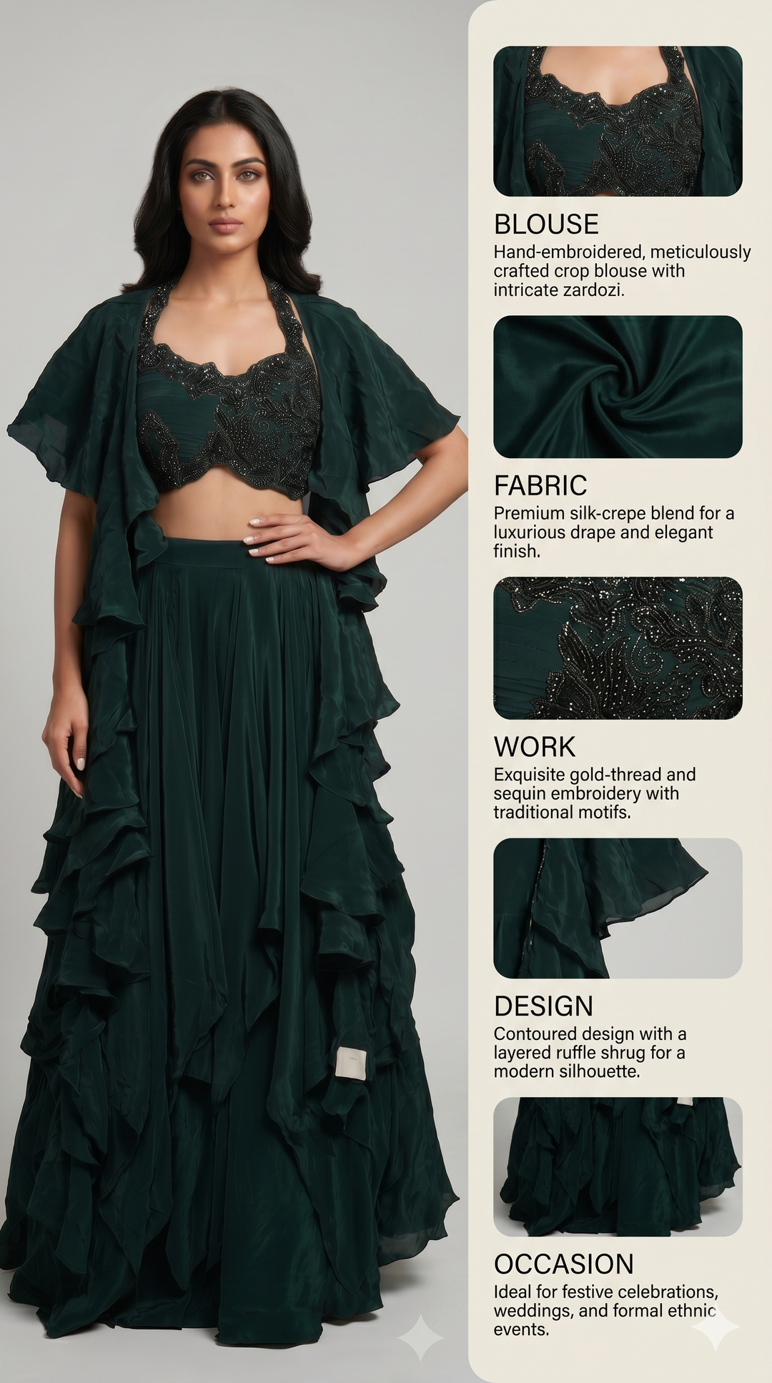 Emerald Green Ruffle Designer Lehenga Set with Embellished Blouse & Cape Jacket