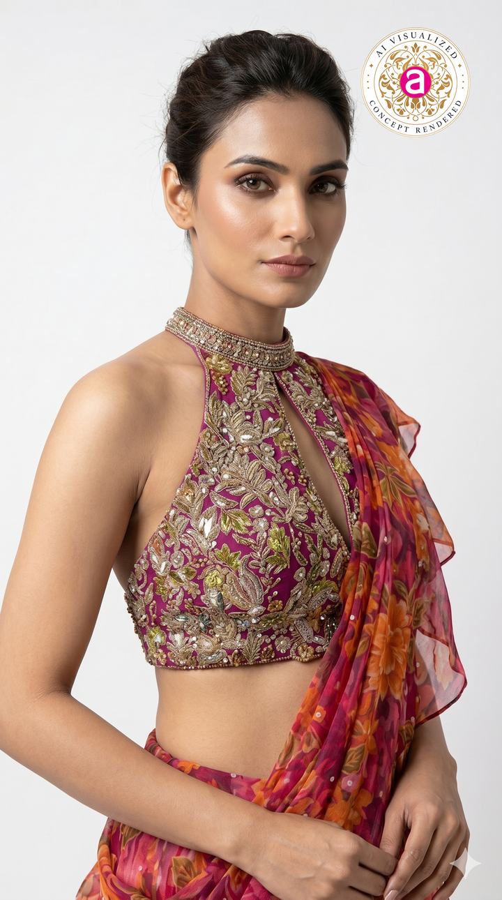 Rani Pink Floral Ready-to-Wear Saree with Ruffle Draping & Embroidered Halter Blouse