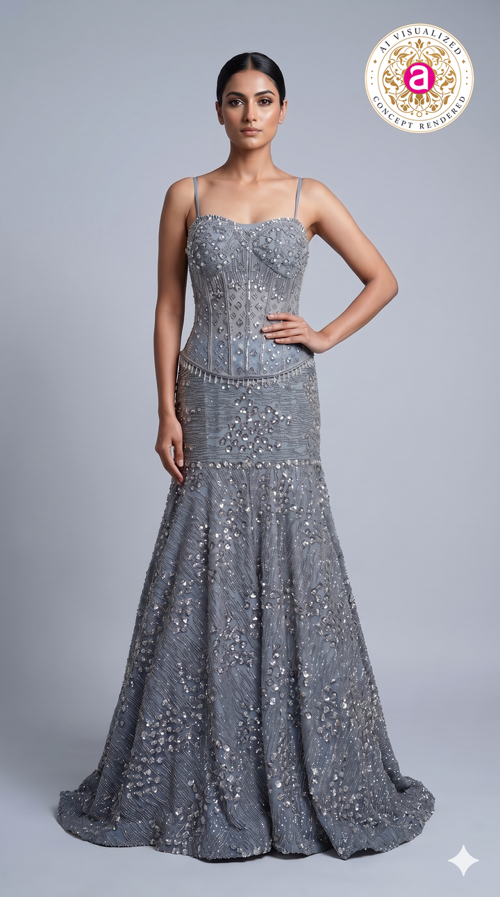 Steel Grey Crystal Embellished Mermaid Evening Gown