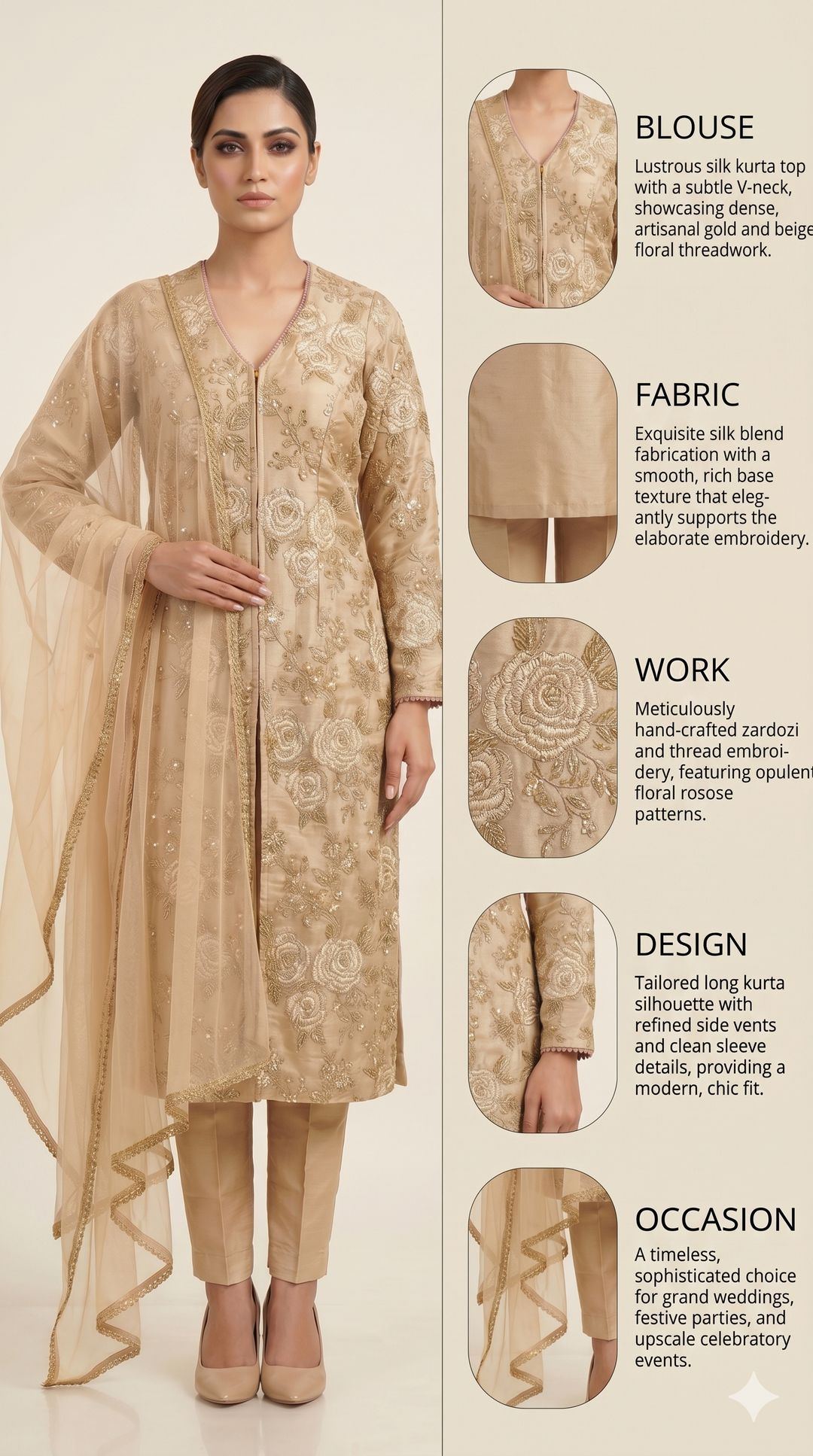 Champagne Gold Floral Embroidered Straight Suit Set