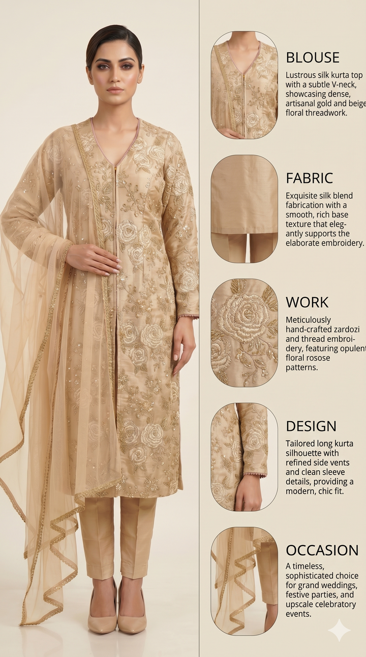 Champagne Gold Floral Embroidered Straight Suit Set