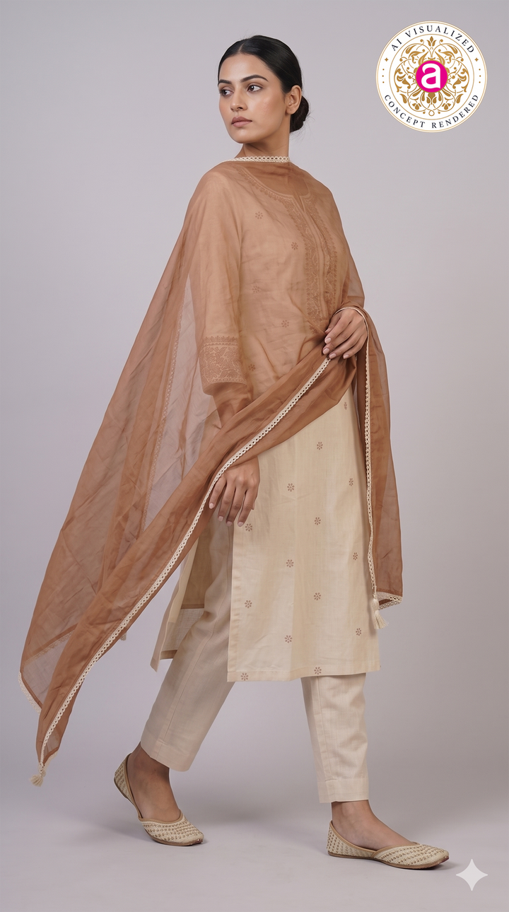Ivory Embroidered Kurta Pant Set with Dupatta