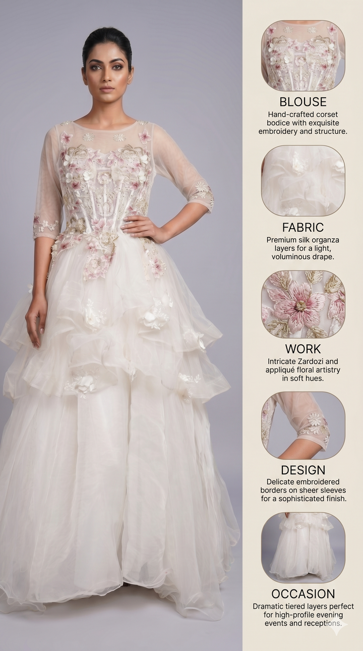 Ivory Floral Appliqué Layered Couture Ball Gown