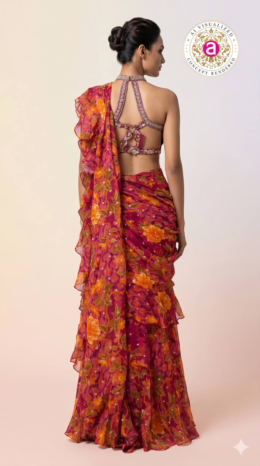 Rani Pink Floral Ready-to-Wear Saree with Ruffle Draping & Embroidered Halter Blouse
