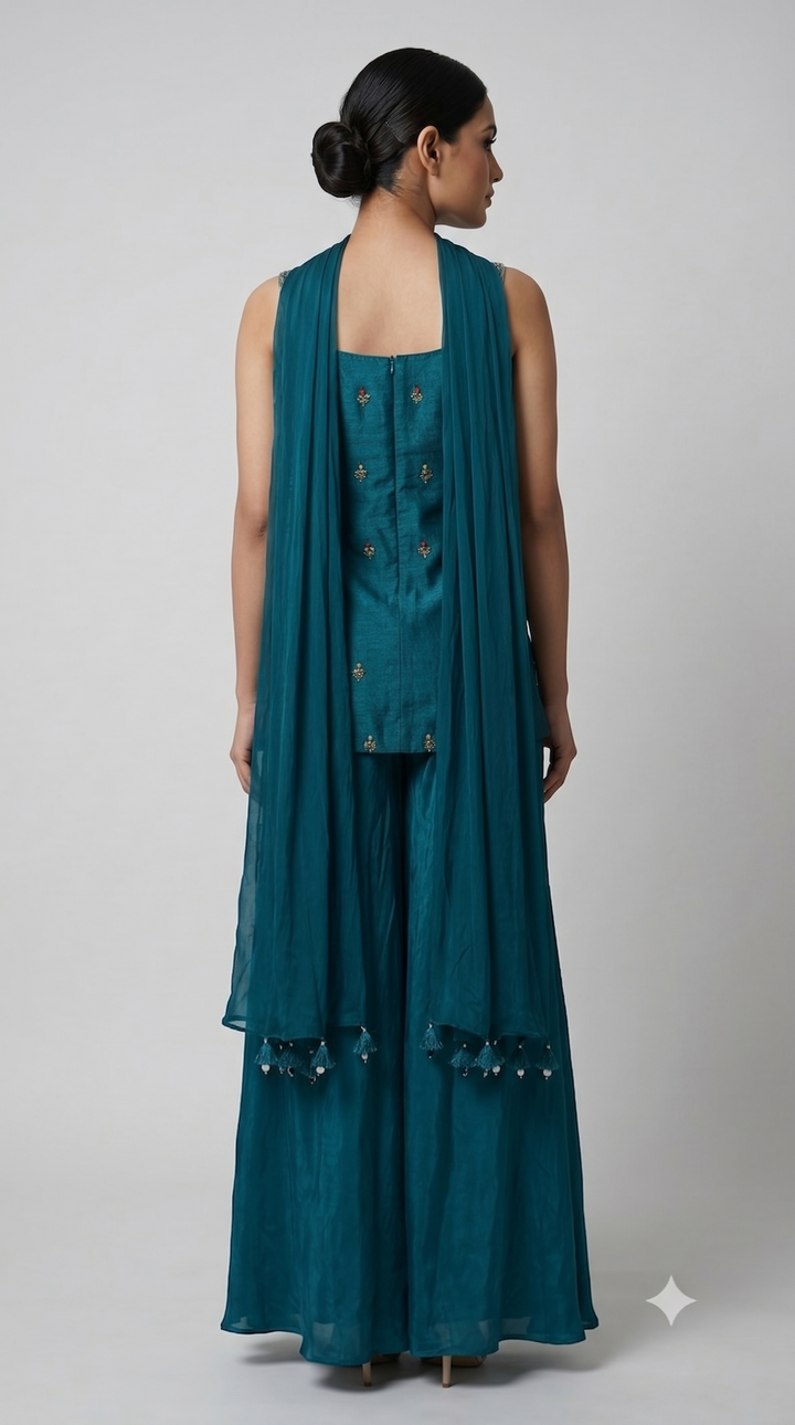 Teal Blue Embroidered Designer Palazzo Set