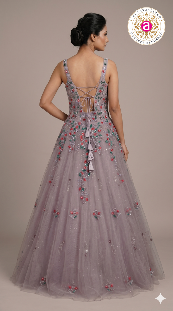 Dusty Lavender Floral Embroidered Ball Gown with Crystal Embellishments