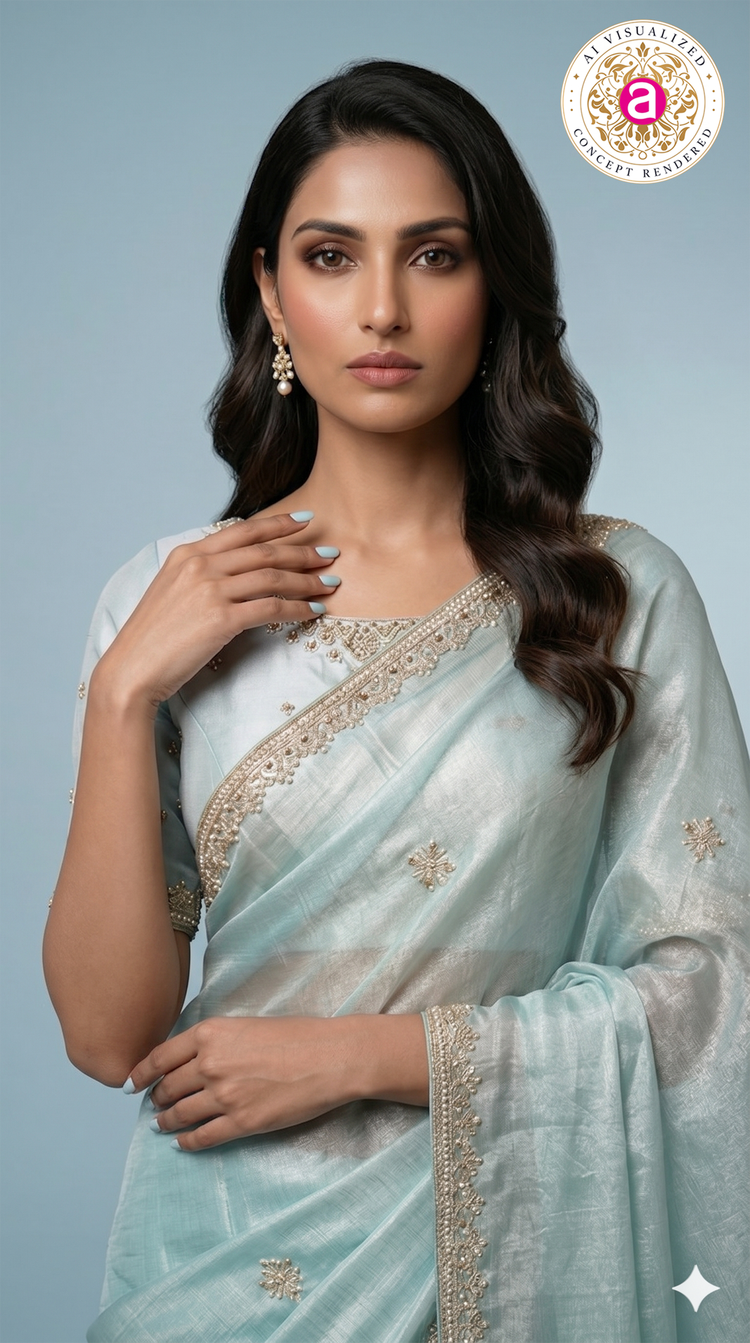 Sky Blue Hand-Embellished Designer Saree with Mirror Work Blouse
