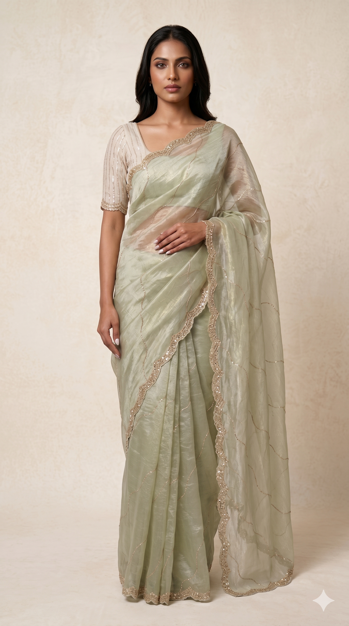 Sage Green Embellished Organza Saree