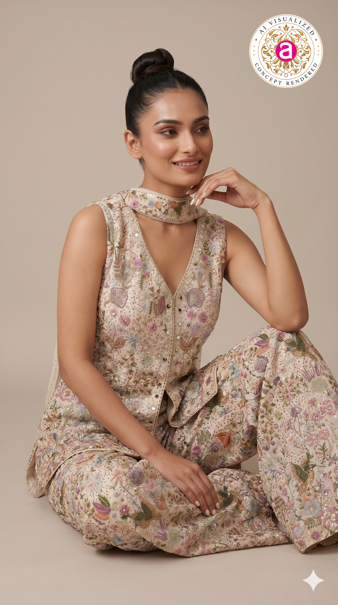 Ivory Floral Printed Indo-Western Co-Ord Set with Embroidered Waistcoat
